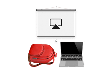 Setup room, backpack, laptop and a projector screen